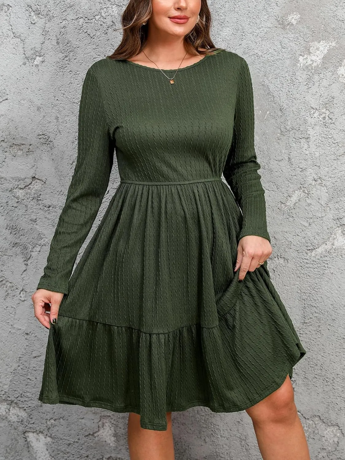 CUPSHE Women's Plus Size Fall Dress Round Neck Long Sleeve Flowy Knit Ruffled A Line Midi Sweater Dress