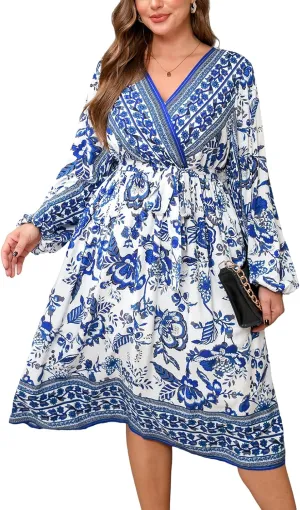 CUPSHE Women's Plus Size Maxi Dress Surplice V Neck Puff Long Sleeves Waist Self Tie Casual Fall Dress, XL