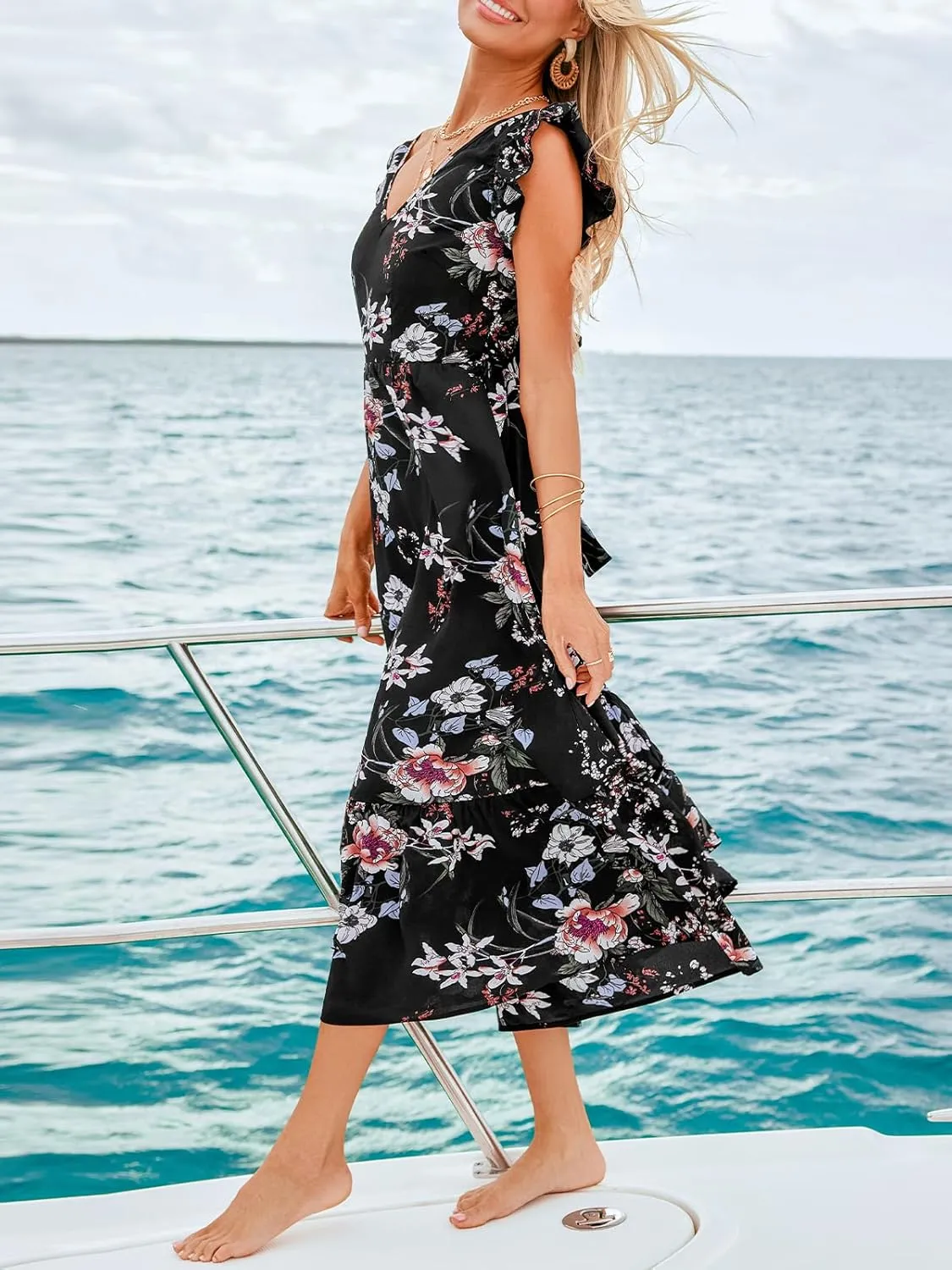 CUPSHE Women's Summer Dresses V Neck Casual Floral Flutter Sleeve Ruffled Self Tie Back Beach Midi Sun Dress