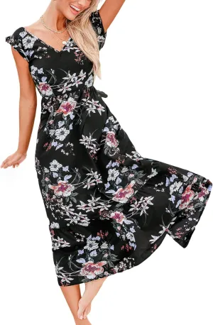 CUPSHE Women's Summer Dresses V Neck Casual Floral Flutter Sleeve Ruffled Self Tie Back Beach Midi Sun Dress