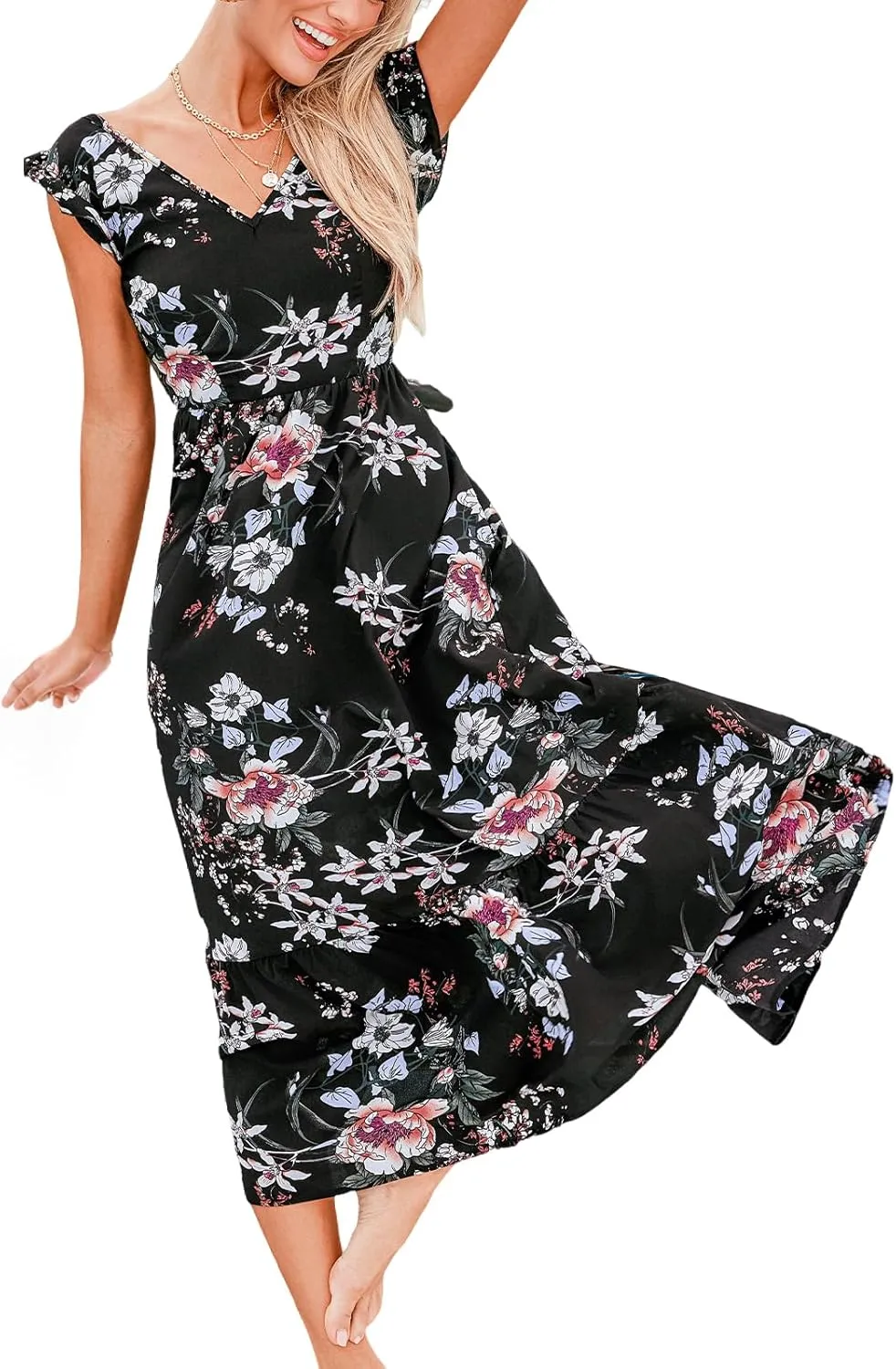CUPSHE Women's Summer Dresses V Neck Casual Floral Flutter Sleeve Ruffled Self Tie Back Beach Midi Sun Dress