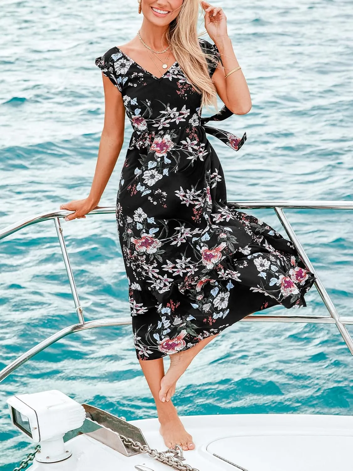 CUPSHE Women's Summer Dresses V Neck Casual Floral Flutter Sleeve Ruffled Self Tie Back Beach Midi Sun Dress