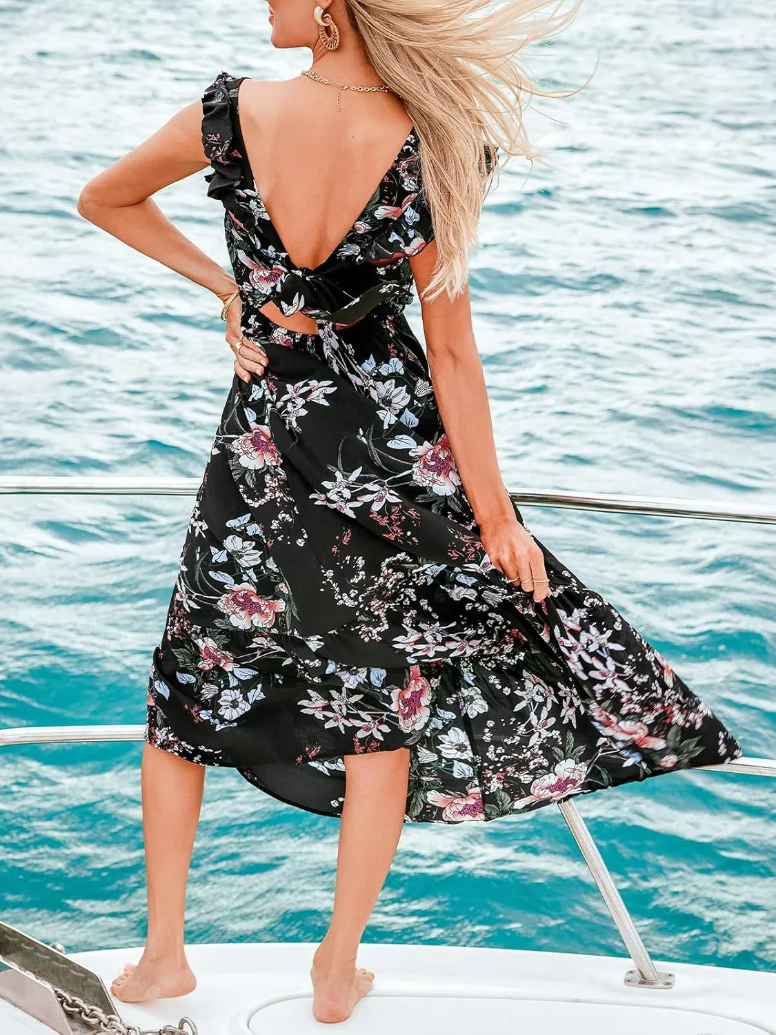CUPSHE Women's Summer Dresses V Neck Casual Floral Flutter Sleeve Ruffled Self Tie Back Beach Midi Sun Dress
