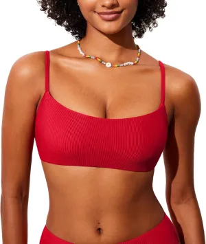 DOBREVA Women's Bikini Top Scoop Neck Bathing Suit Tops Ribbed Adjustable Straps Swimsuit Sexy Padded Swim Bra
