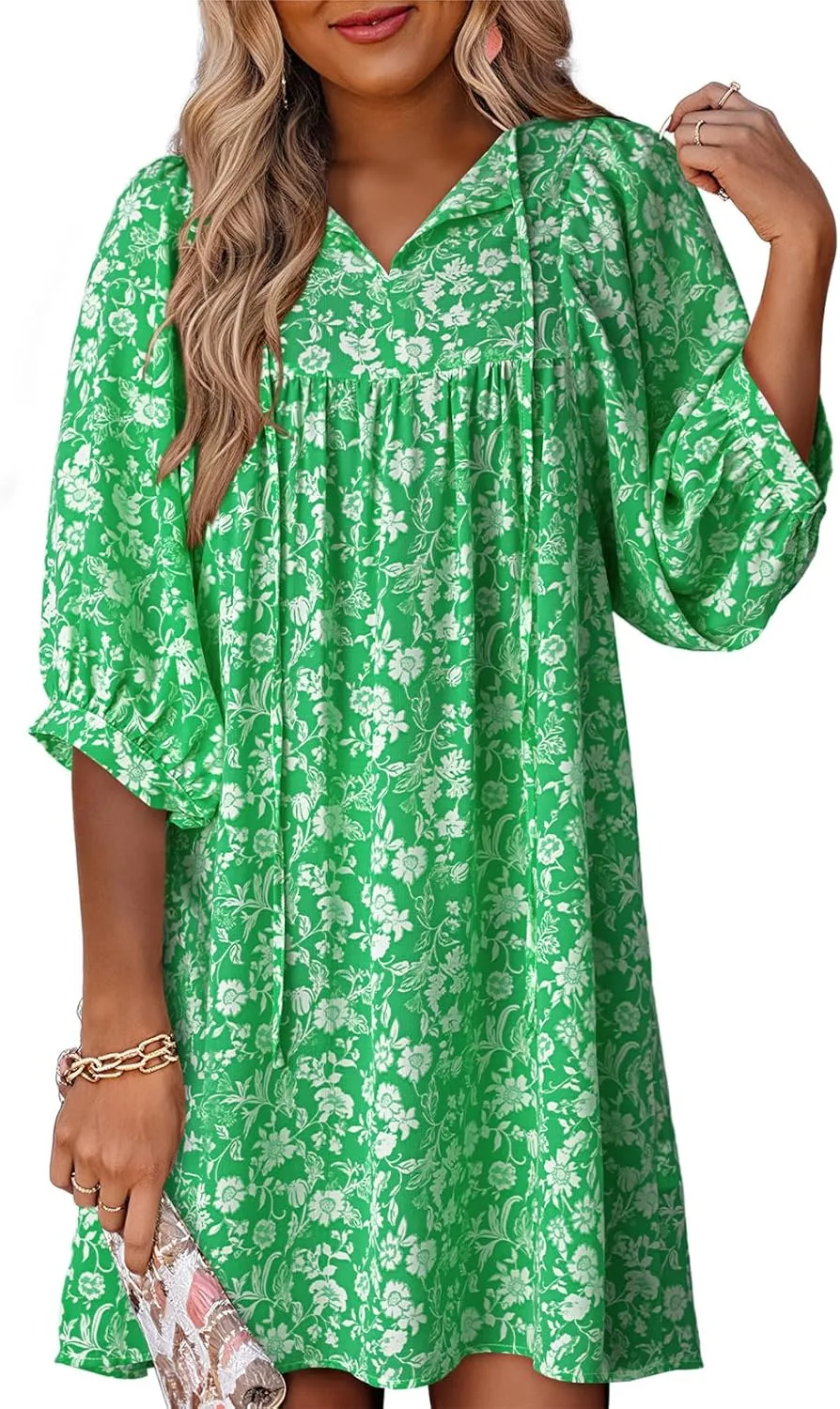 Dokotoo Womens Summer Dresses 2025 Boho Floral Drawstring V Neck Chiffon Lantern Sleeve Beach Vacation Mini Dress Sundress