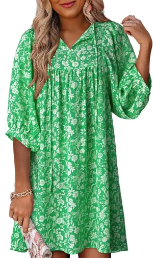 Dokotoo Womens Summer Dresses 2025 Boho Floral Drawstring V Neck Chiffon Lantern Sleeve Beach Vacation Mini Dress Sundress