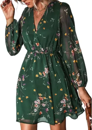 Dress for Women Long Sleeve Ruffle Floral Summer Deep V Neck 2025 Flowy Mini Dress