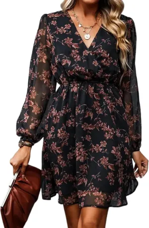 Dress for Women Long Sleeve Ruffle Floral Summer Deep V Neck 2025 Flowy Mini Dress