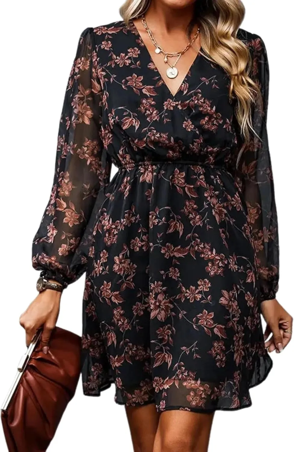 Dress for Women Long Sleeve Ruffle Floral Summer Deep V Neck 2025 Flowy Mini Dress