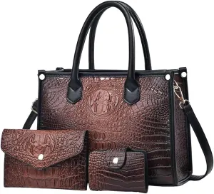 FAIME Top-handle Tote Handbag for Women, Crocodile Pattern Crossbody Bag PU Leather Satchel Purses Medium Shoulder Bags 3 Pcs