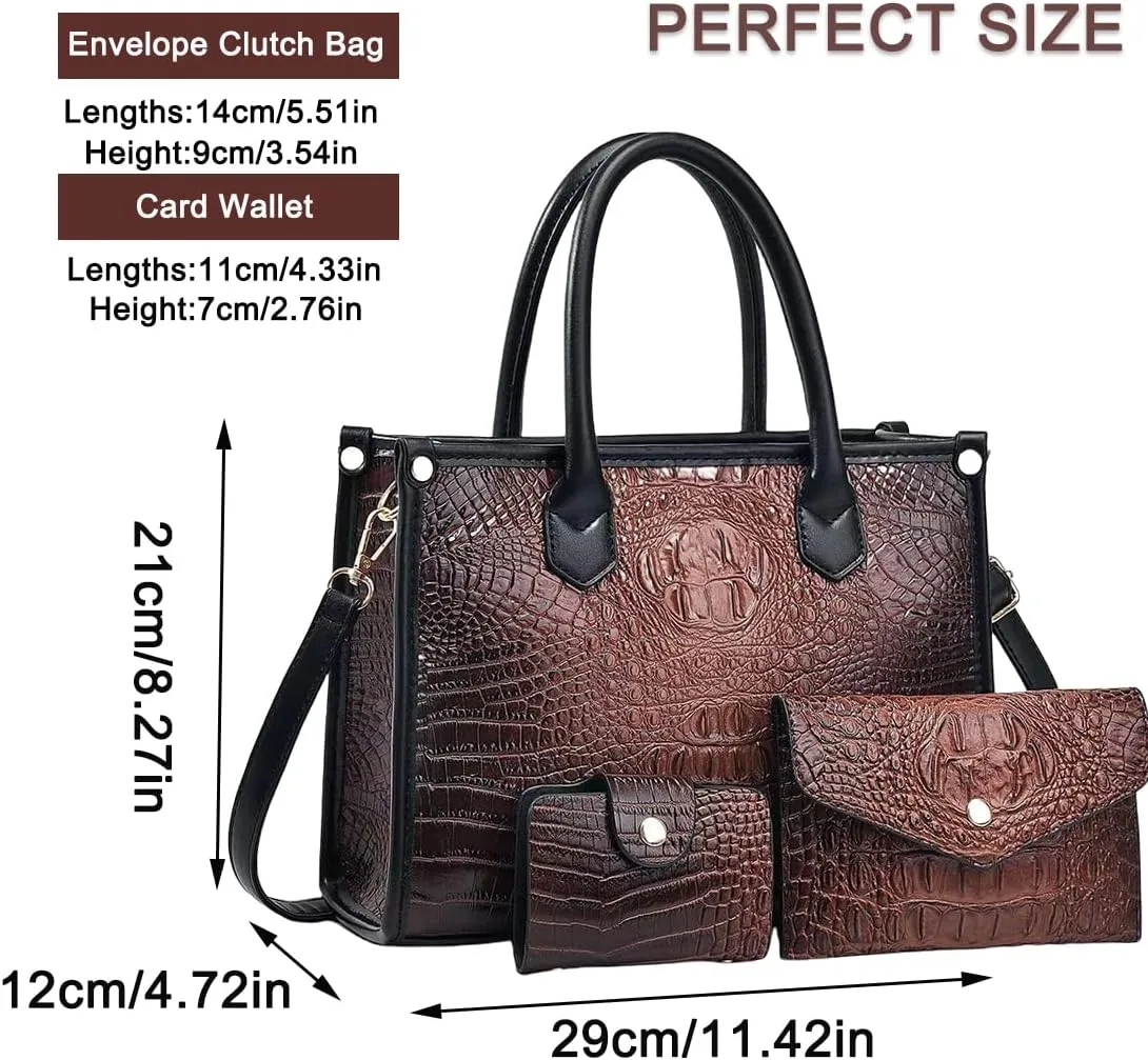 FAIME Top-handle Tote Handbag for Women, Crocodile Pattern Crossbody Bag PU Leather Satchel Purses Medium Shoulder Bags 3 Pcs