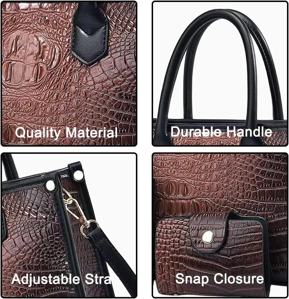 FAIME Top-handle Tote Handbag for Women, Crocodile Pattern Crossbody Bag PU Leather Satchel Purses Medium Shoulder Bags 3 Pcs