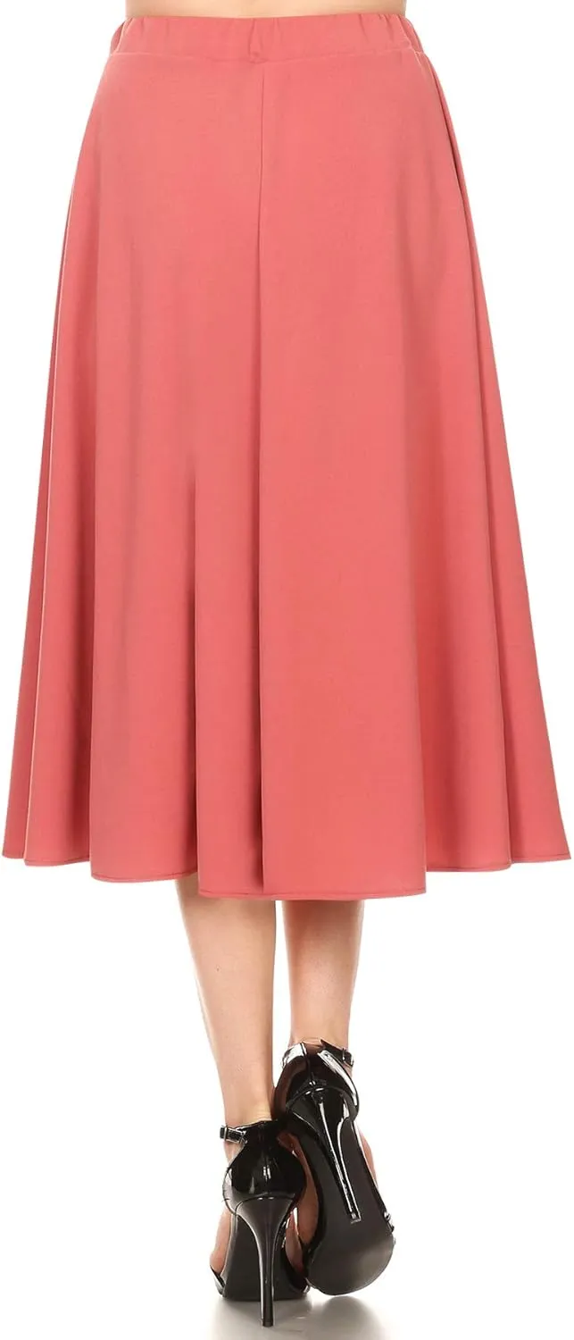 FashionJOA Women's Casual A-Line Pleated High Waist Elastic Band Solid Midi Skirt S-3XL