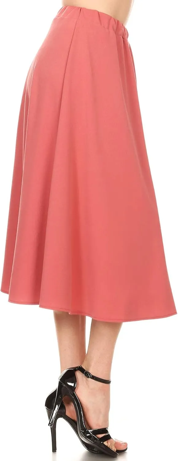 FashionJOA Women's Casual A-Line Pleated High Waist Elastic Band Solid Midi Skirt S-3XL