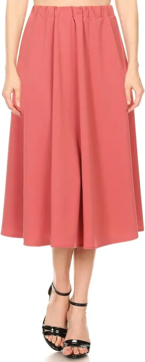FashionJOA Women's Casual A-Line Pleated High Waist Elastic Band Solid Midi Skirt S-3XL