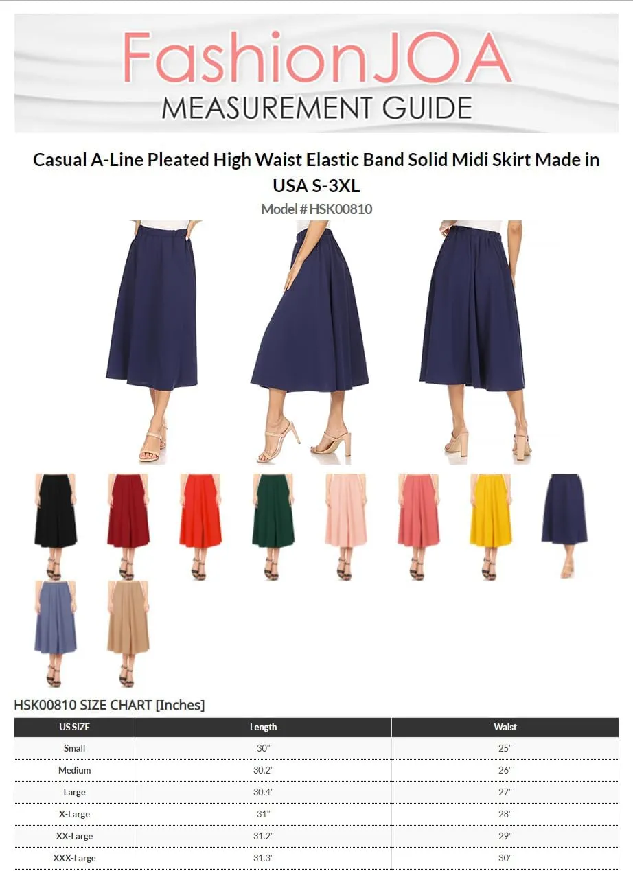 FashionJOA Women's Casual A-Line Pleated High Waist Elastic Band Solid Midi Skirt S-3XL