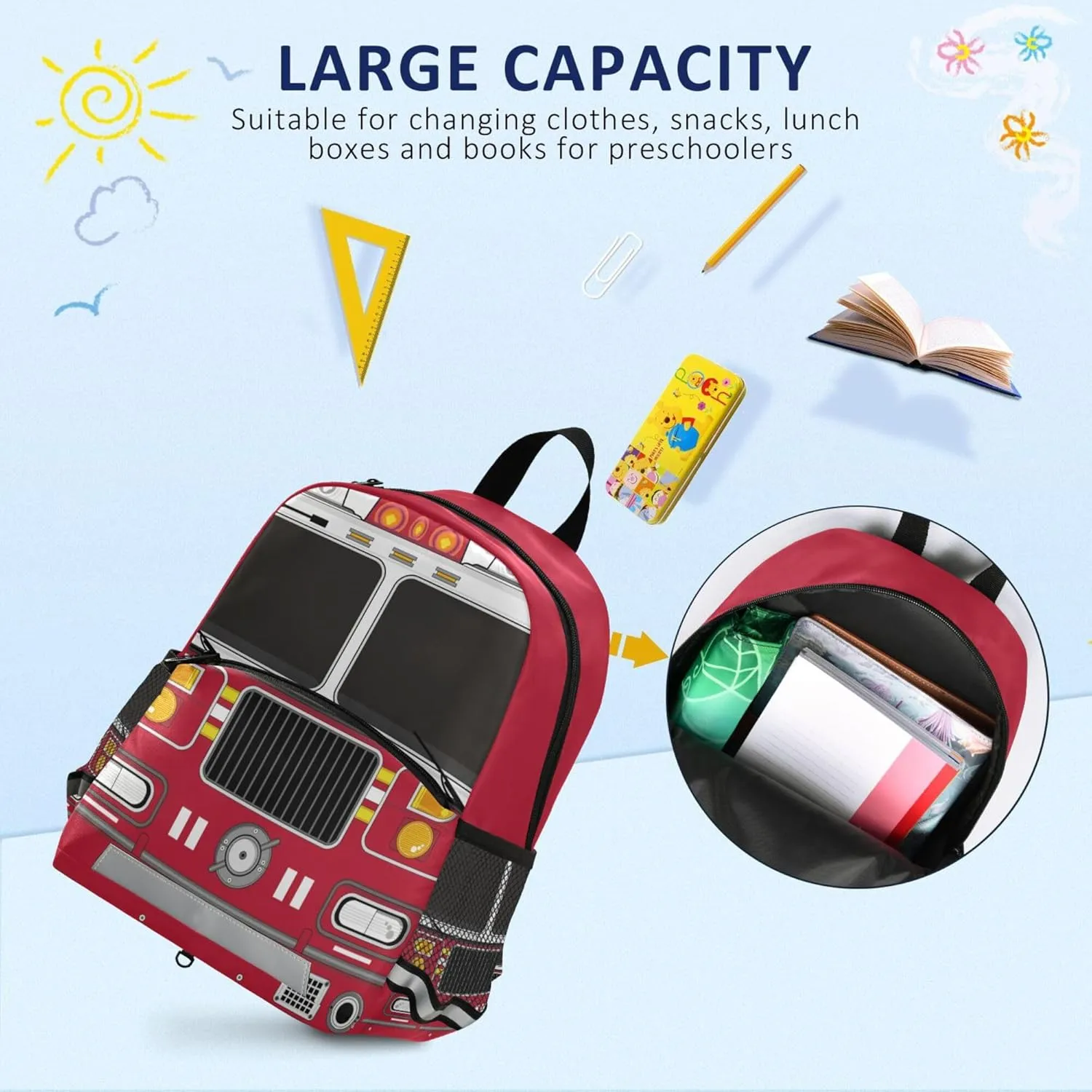 Fisyme Car Fire Trucks Backpack Schoolbag Kids Daypack Toddler Travel School Bag Small Mini Backpacks for Kindergarten Preschool Nursery Boys Girls