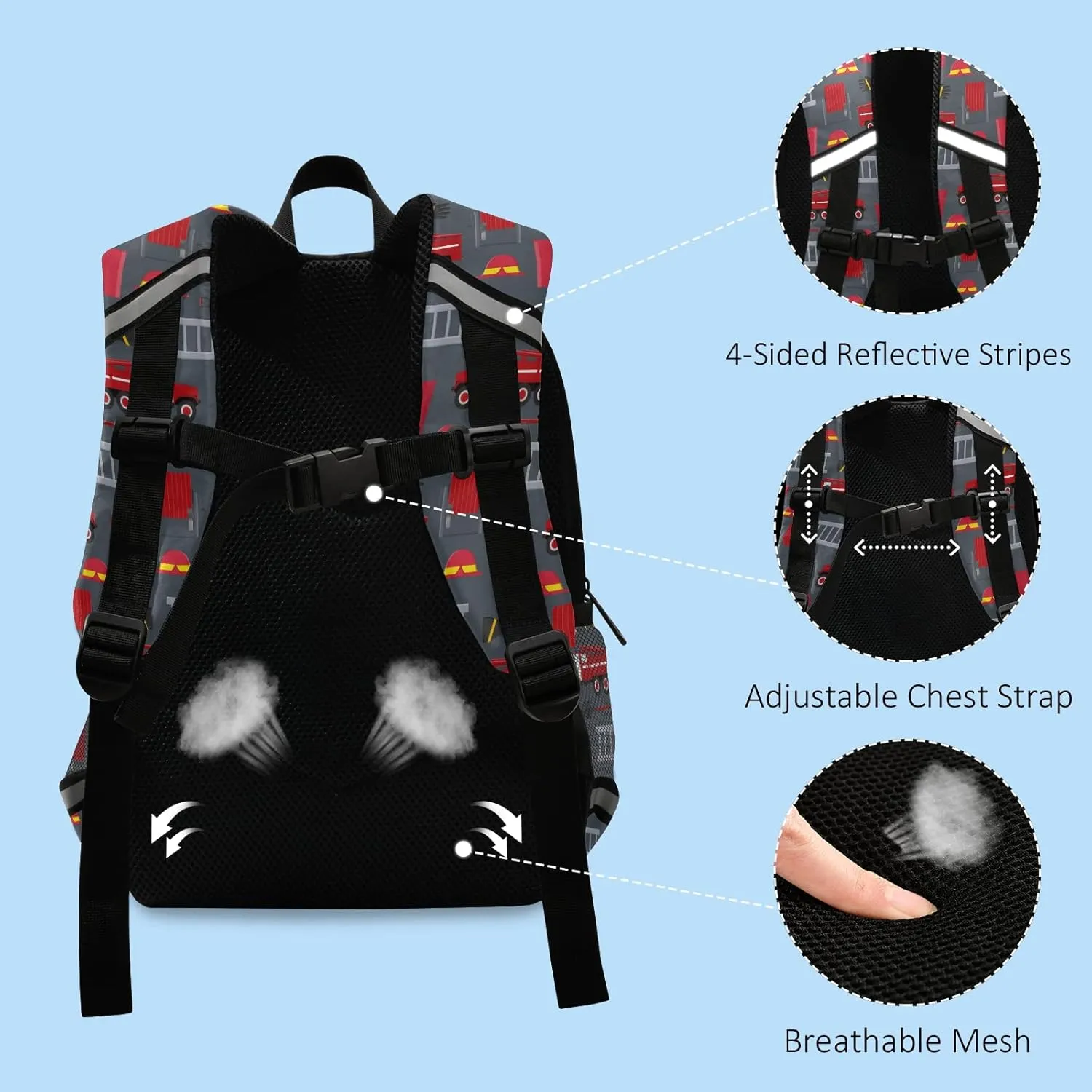 Fisyme Firefighter Car Backpack Schoolbag Kids Daypack Toddler Travel School Bag Small Mini Backpacks for Kindergarten Preschool Nursery Children Boys Girls with Chest Strap