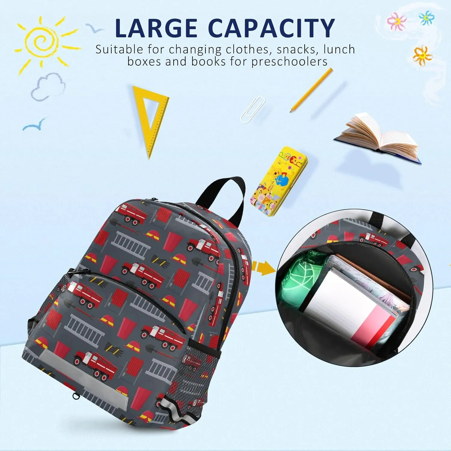 Fisyme Firefighter Car Backpack Schoolbag Kids Daypack Toddler Travel School Bag Small Mini Backpacks for Kindergarten Preschool Nursery Children Boys Girls with Chest Strap