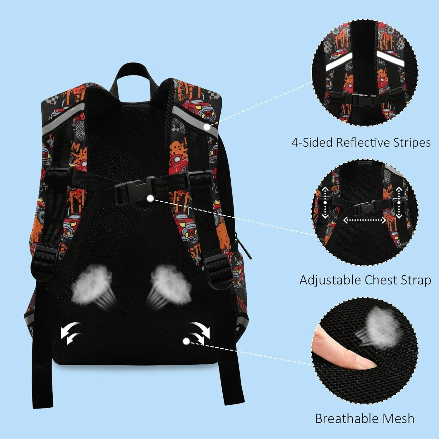 Fisyme Monster Truck Red Car Backpack Schoolbag Kids Daypack Toddler Travel School Bag Small Mini Backpacks for Kindergarten Preschool Nursery Children Girls Boys