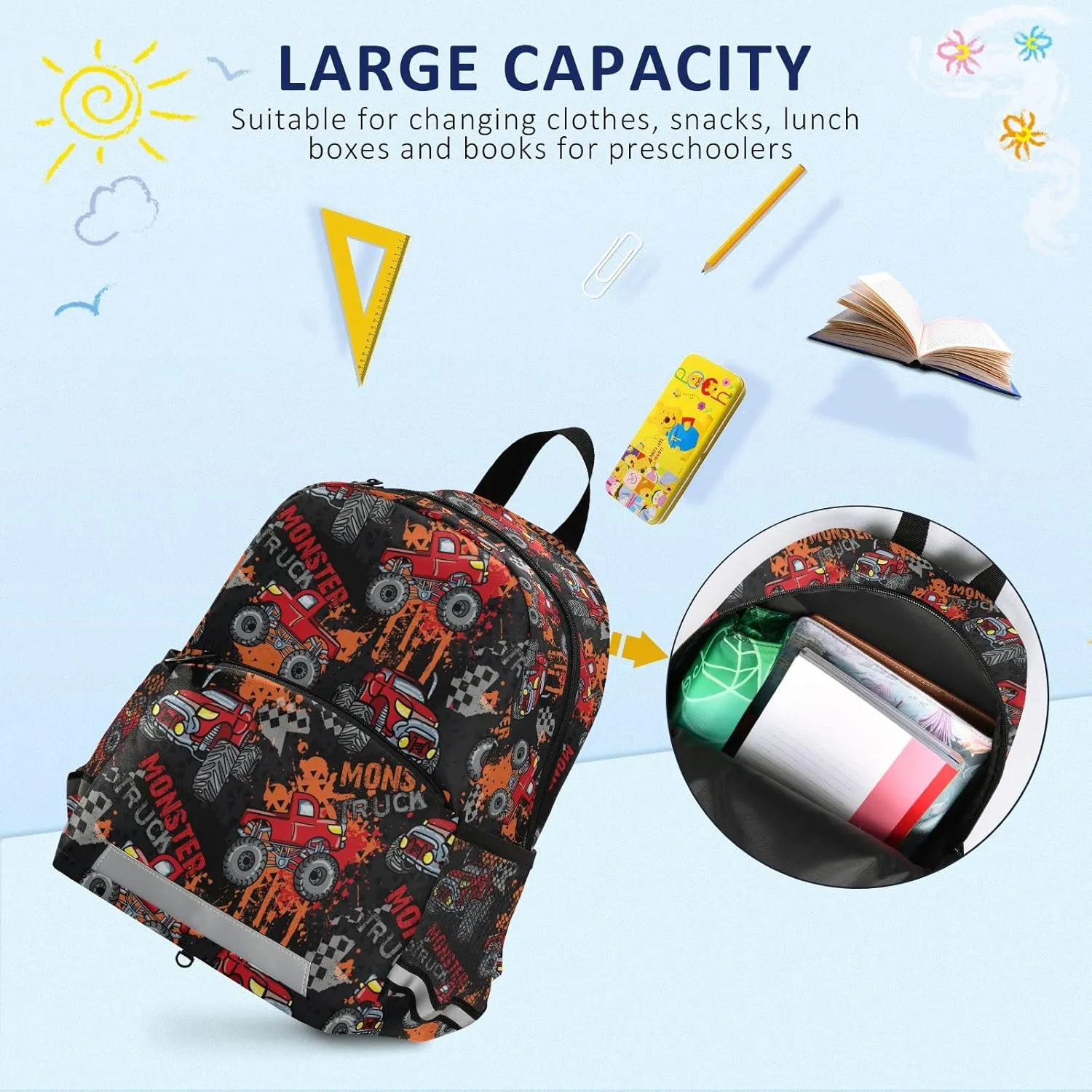Fisyme Monster Truck Red Car Backpack Schoolbag Kids Daypack Toddler Travel School Bag Small Mini Backpacks for Kindergarten Preschool Nursery Children Girls Boys