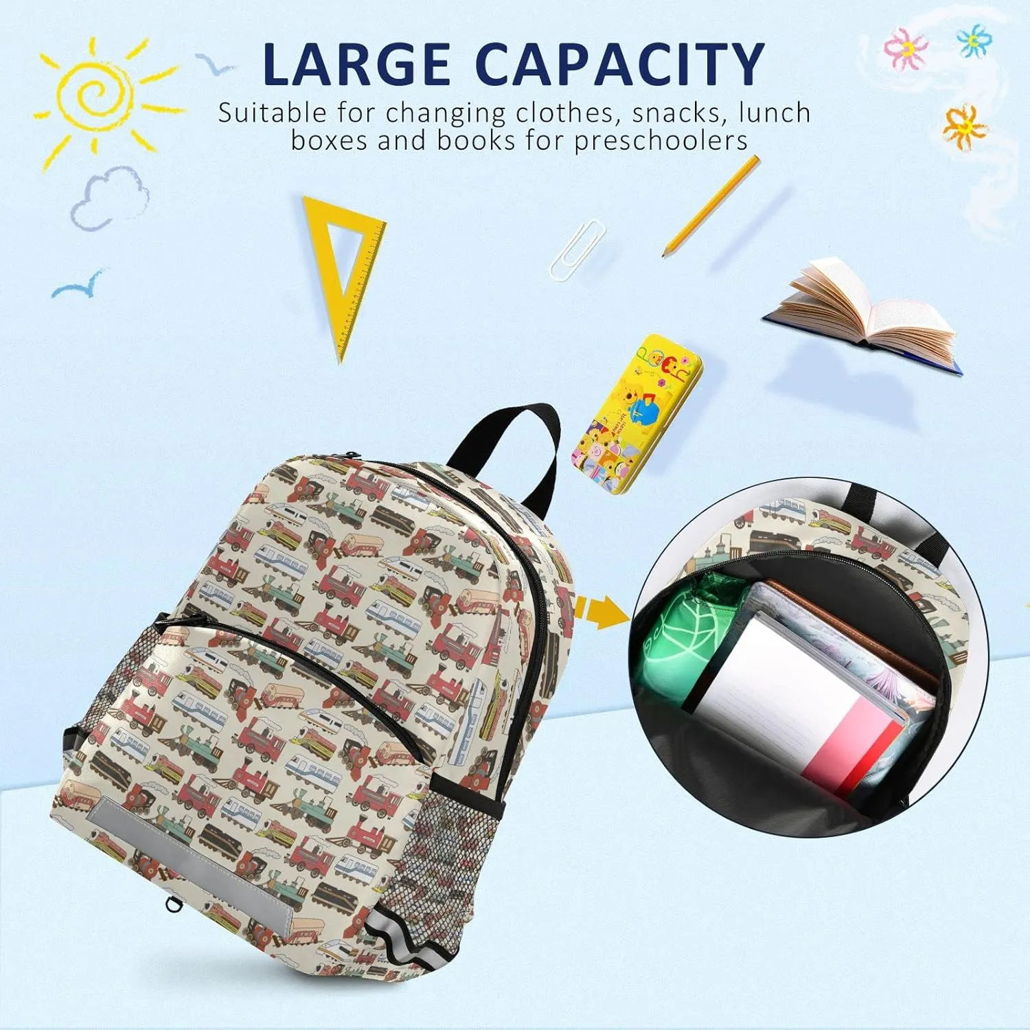 Fisyme Vintage Trains Backpack Schoolbag Kids Daypack Toddler Travel School Bag Small Mini Backpacks for Kindergarten Preschool Nursery Children Boys Girls with Chest Strap