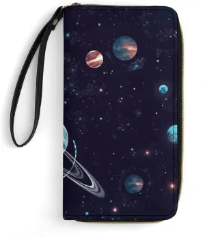 Galaxy Decor Wallet Leather Zipper Around Clutch Wallet Large Capacity Purse with Wristlet Strap