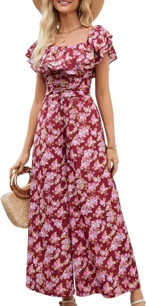 Gardenwed Women's Floral Wide Leg Jumpsuit, Ruffle Short Sleeve Square Neck Summer Casual Palazzo Romper with Pockets