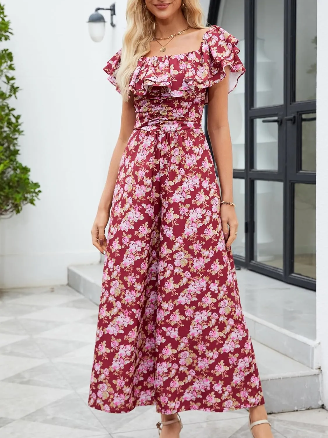 Gardenwed Women's Floral Wide Leg Jumpsuit, Ruffle Short Sleeve Square Neck Summer Casual Palazzo Romper with Pockets