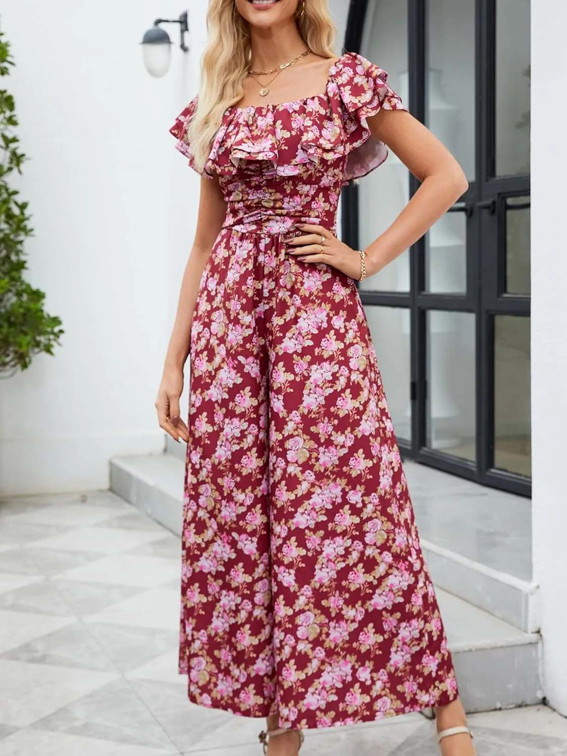 Gardenwed Women's Floral Wide Leg Jumpsuit, Ruffle Short Sleeve Square Neck Summer Casual Palazzo Romper with Pockets