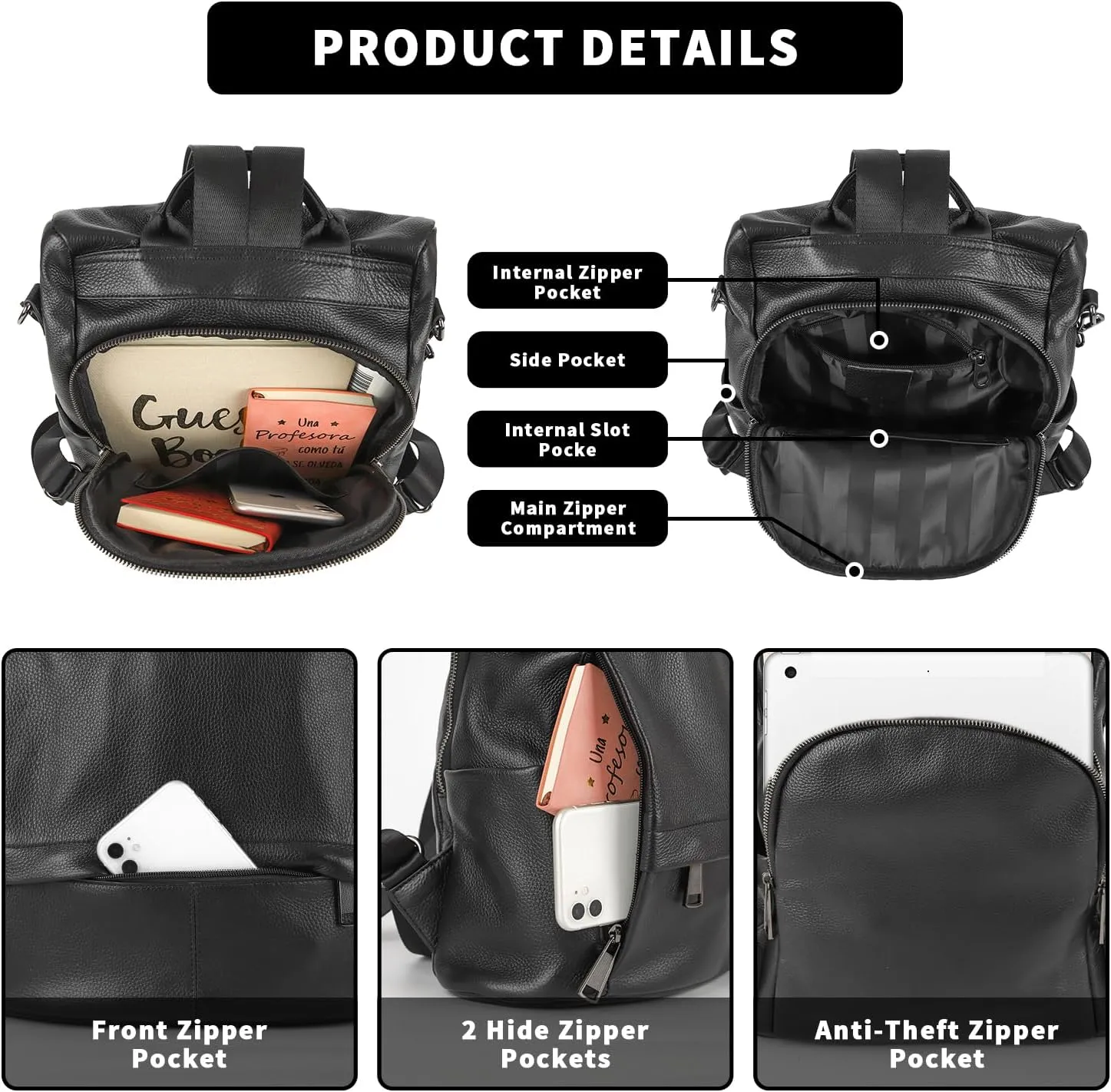 Genuine Leather Backpack Purse For Women Antitheft Real Soft Fashion Designer Convertible Shoulder Bag Black