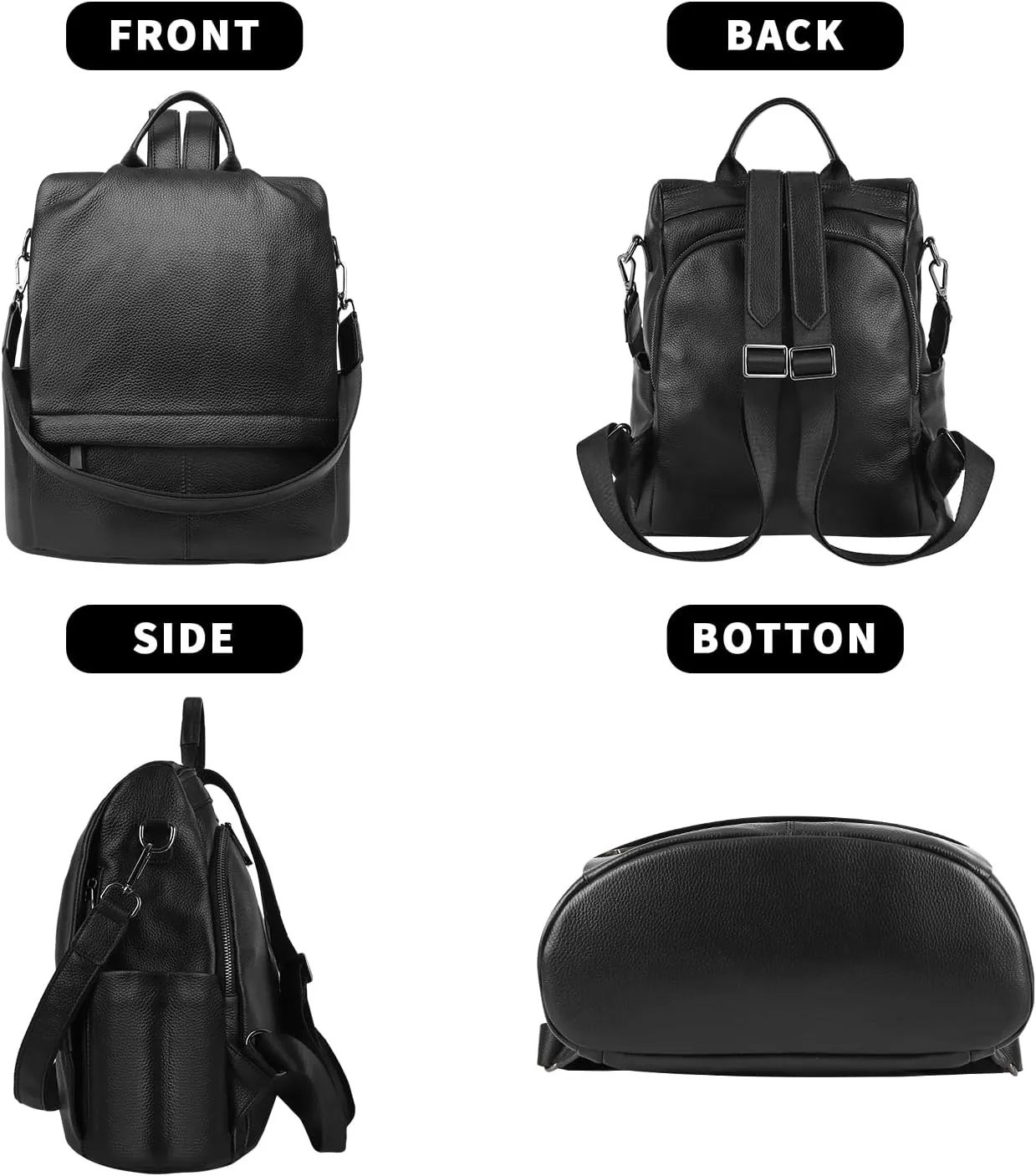 Genuine Leather Backpack Purse For Women Antitheft Real Soft Fashion Designer Convertible Shoulder Bag Black