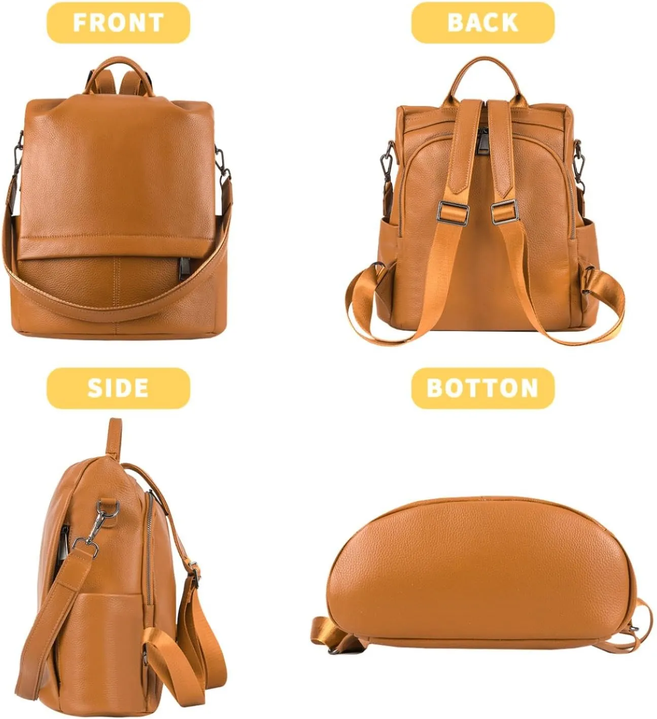 Genuine Leather Backpack Purse For Women Antitheft Real Soft Orange Brown Fashion Designer Convertible Shoulder Bag