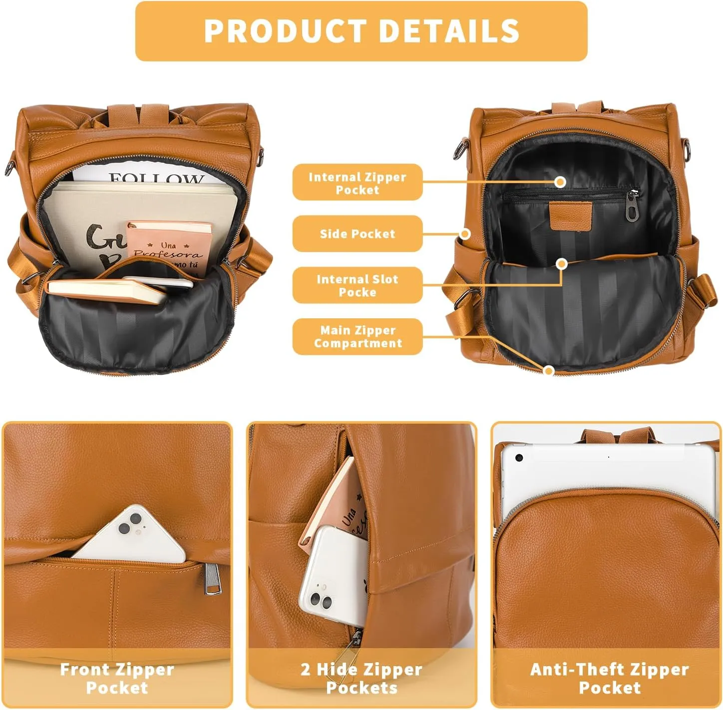 Genuine Leather Backpack Purse For Women Antitheft Real Soft Orange Brown Fashion Designer Convertible Shoulder Bag
