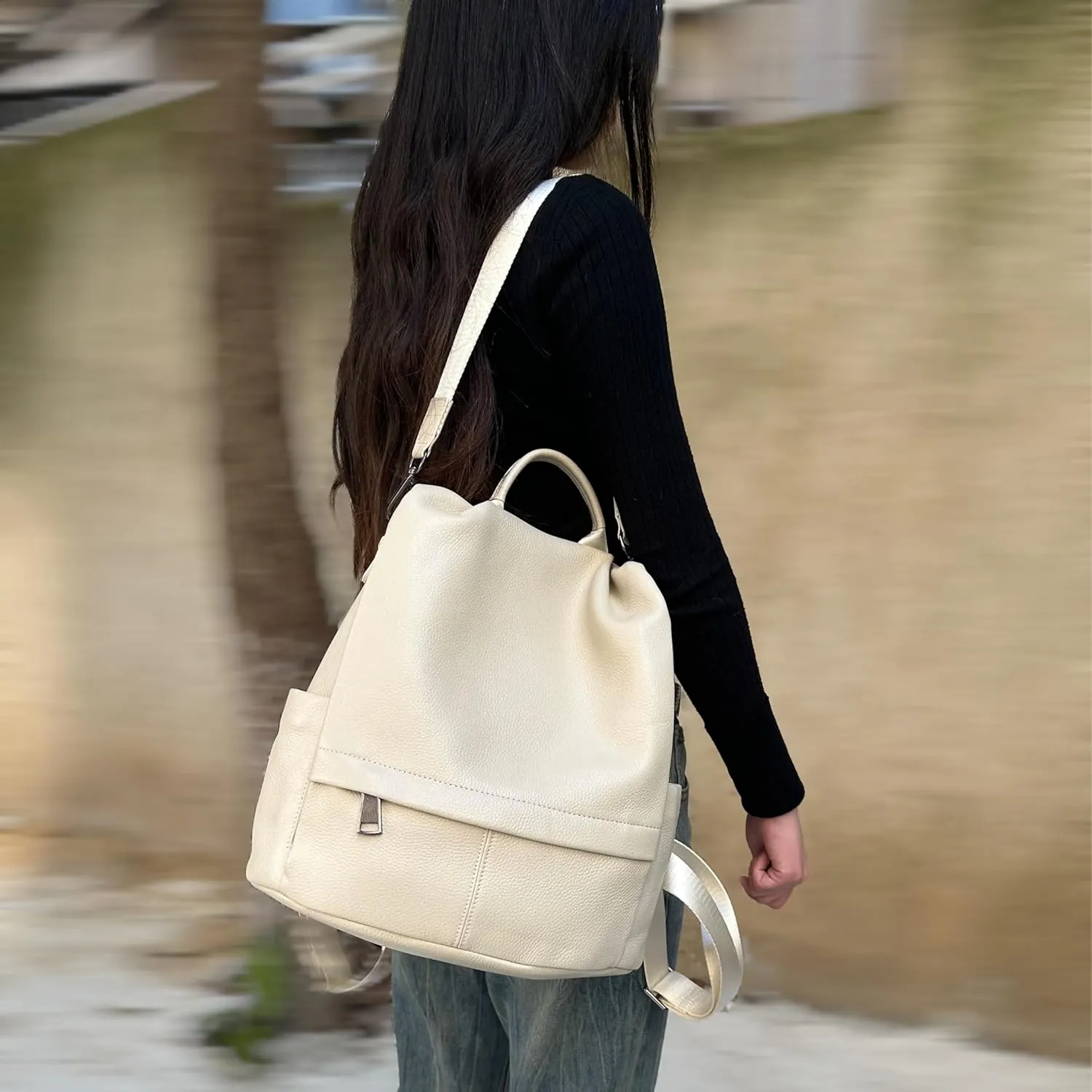 Genuine Leather Backpack Purse For Women Antitheft Real Soft Rucksack Fashion Designer Convertible Ladies Shoulder Bag Beige