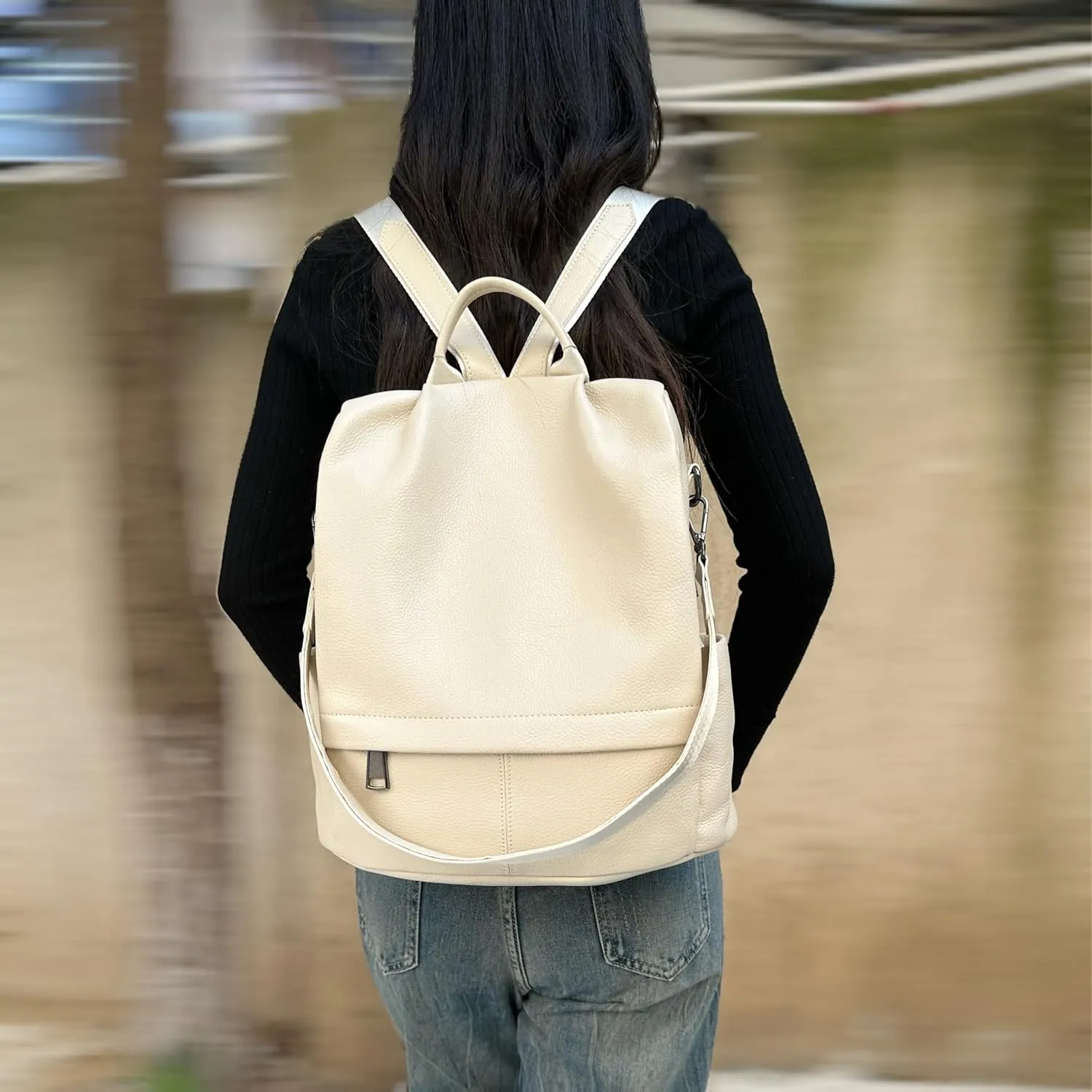 Genuine Leather Backpack Purse For Women Antitheft Real Soft Rucksack Fashion Designer Convertible Ladies Shoulder Bag Beige