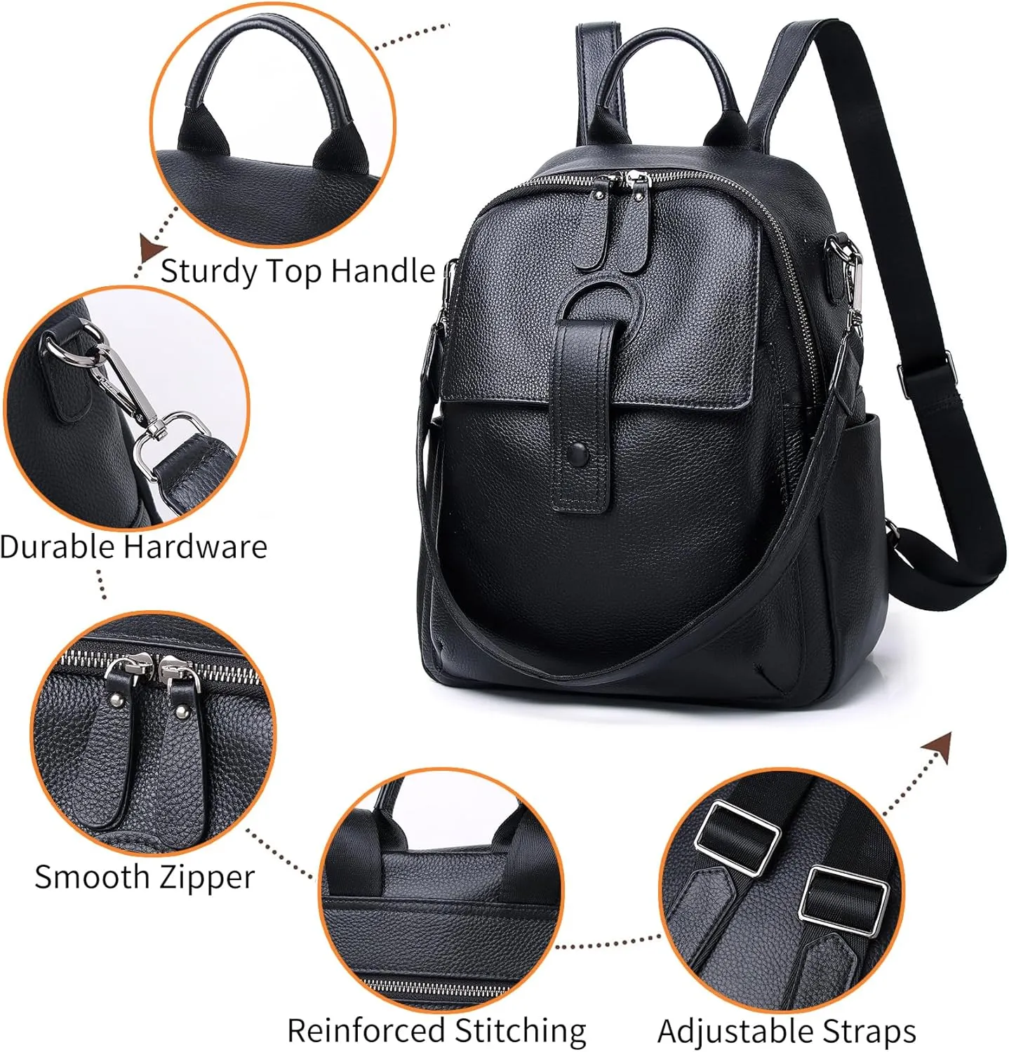Genuine Leather Backpack Purse For Women Black Real Soft Leather Travel Convertible Ladies Shoulder Bag