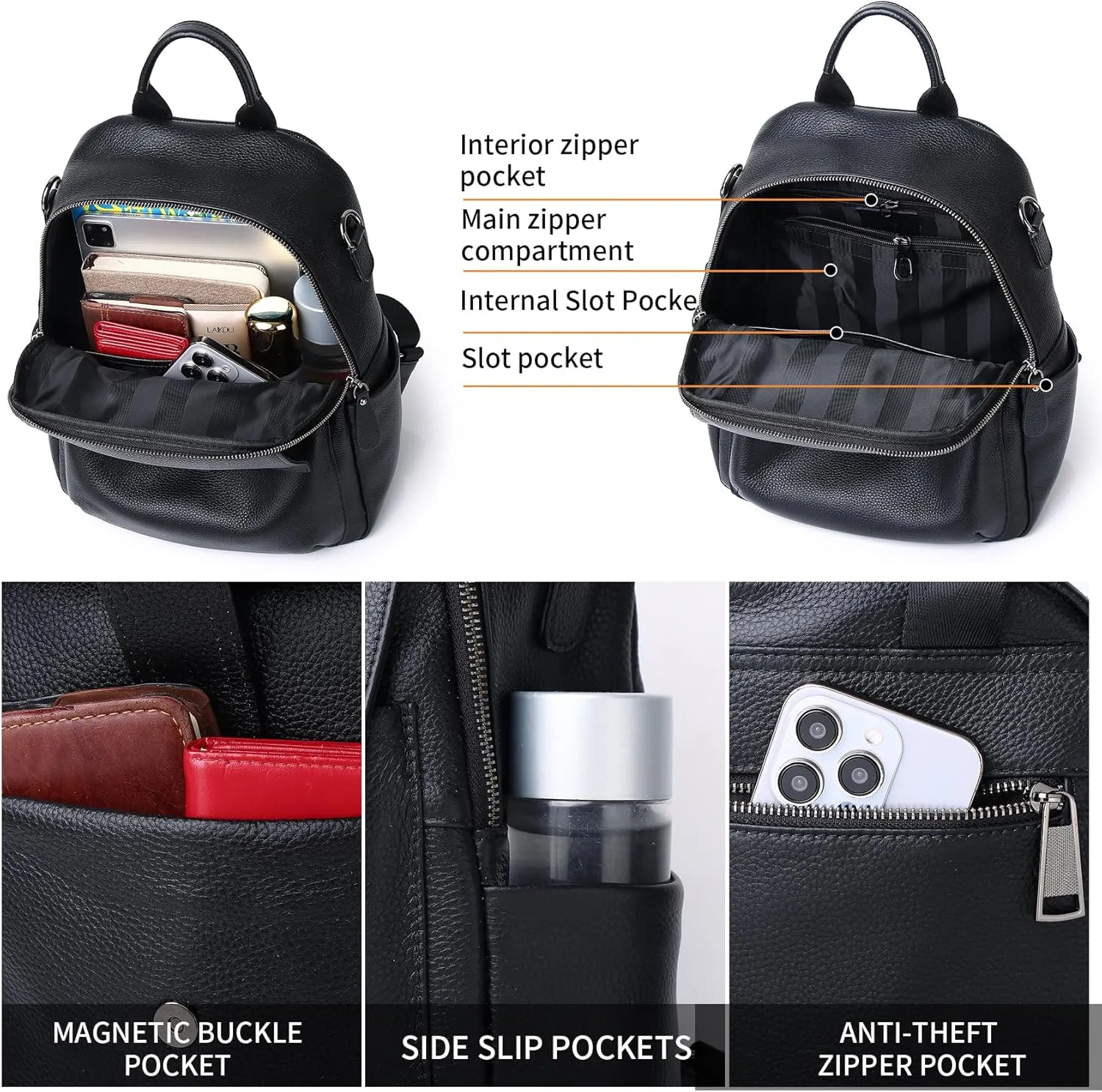 Genuine Leather Backpack Purse For Women Black Real Soft Leather Travel Convertible Ladies Shoulder Bag