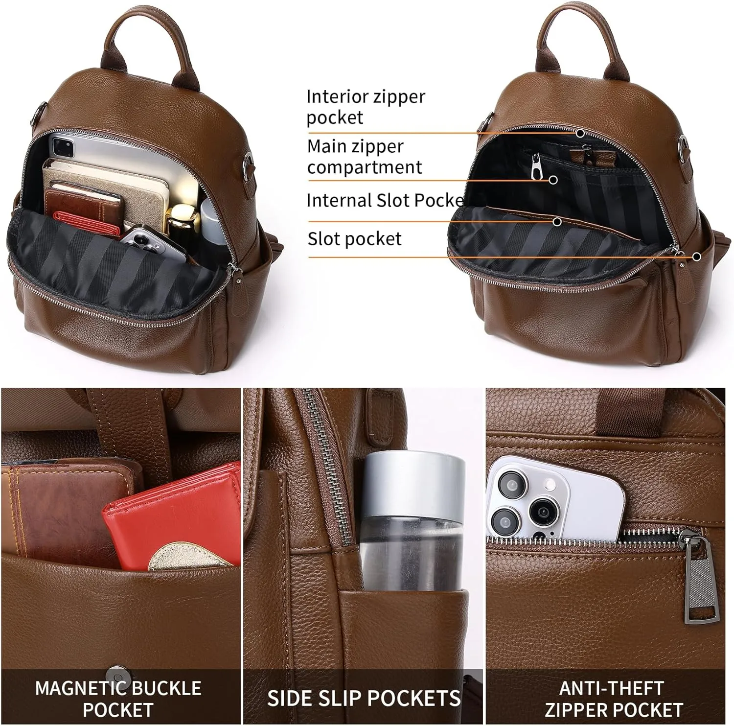 Genuine Leather Backpack Purse For Women Brown Real Soft Leather Travel Convertible Ladies Shoulder Bag