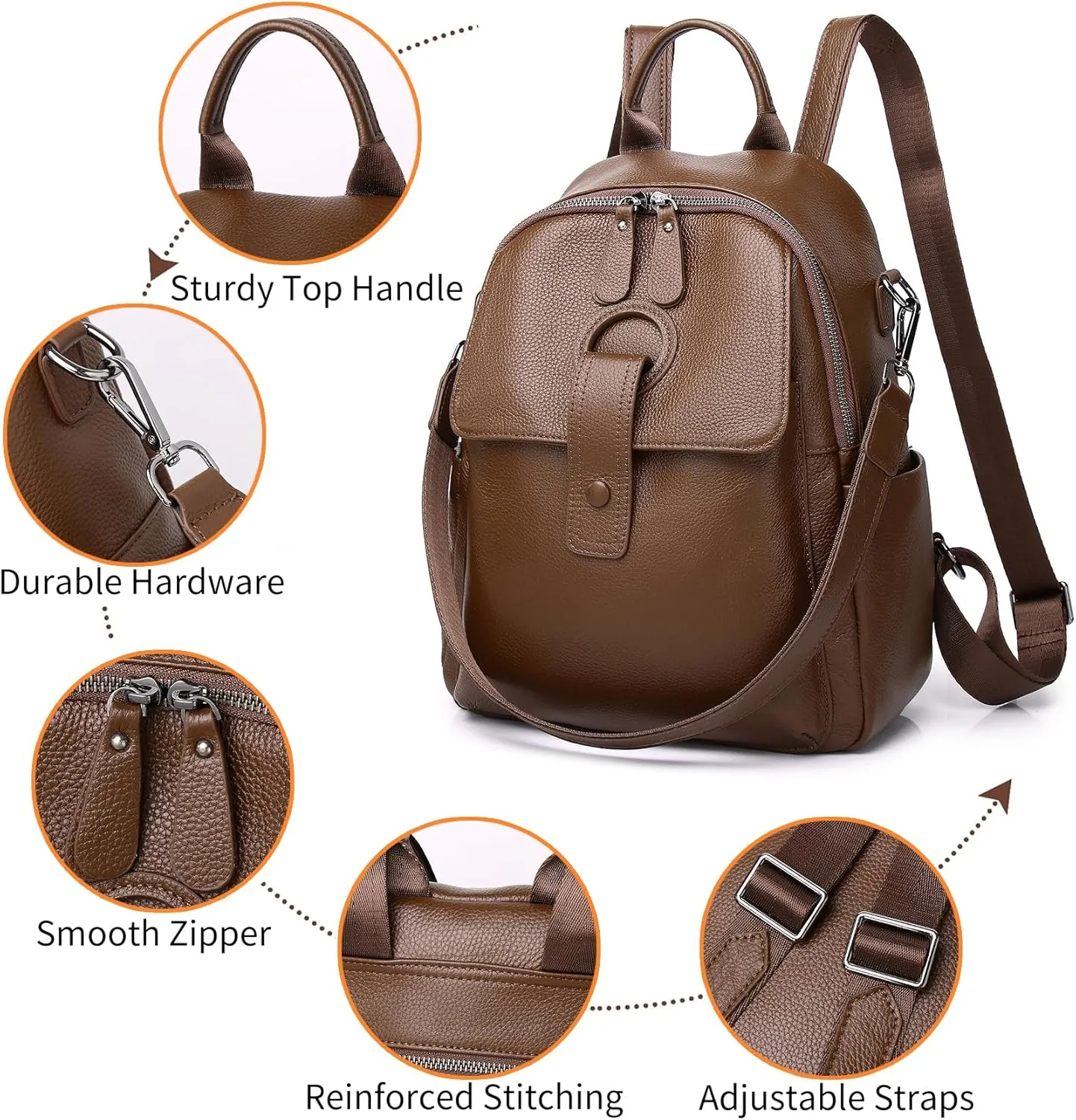 Genuine Leather Backpack Purse For Women Brown Real Soft Leather Travel Convertible Ladies Shoulder Bag