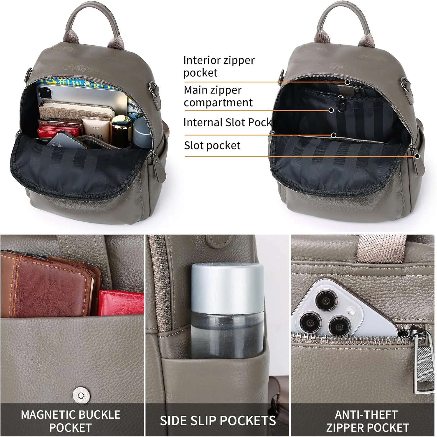 Genuine Leather Backpack Purse For Women Grey Real Soft Leather Travel Convertible Ladies Shoulder Bag