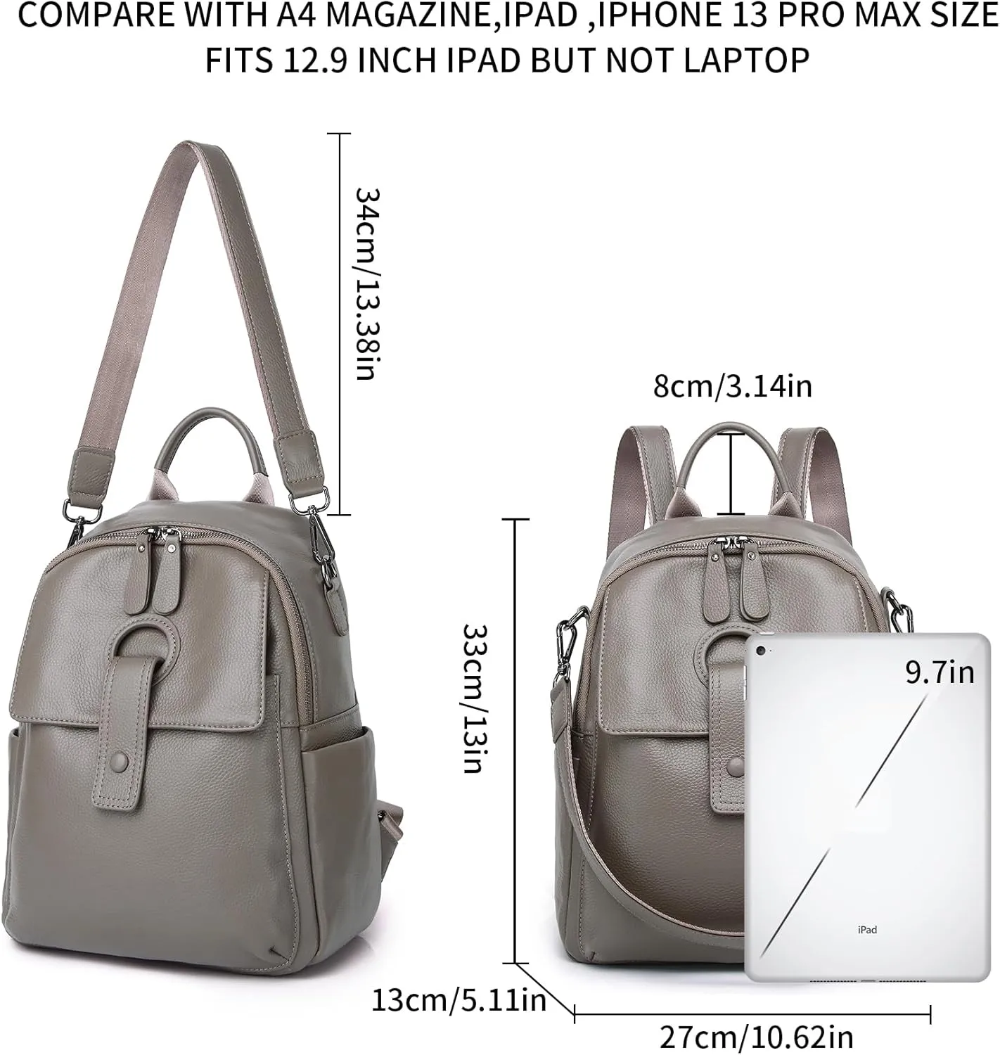 Genuine Leather Backpack Purse For Women Grey Real Soft Leather Travel Convertible Ladies Shoulder Bag