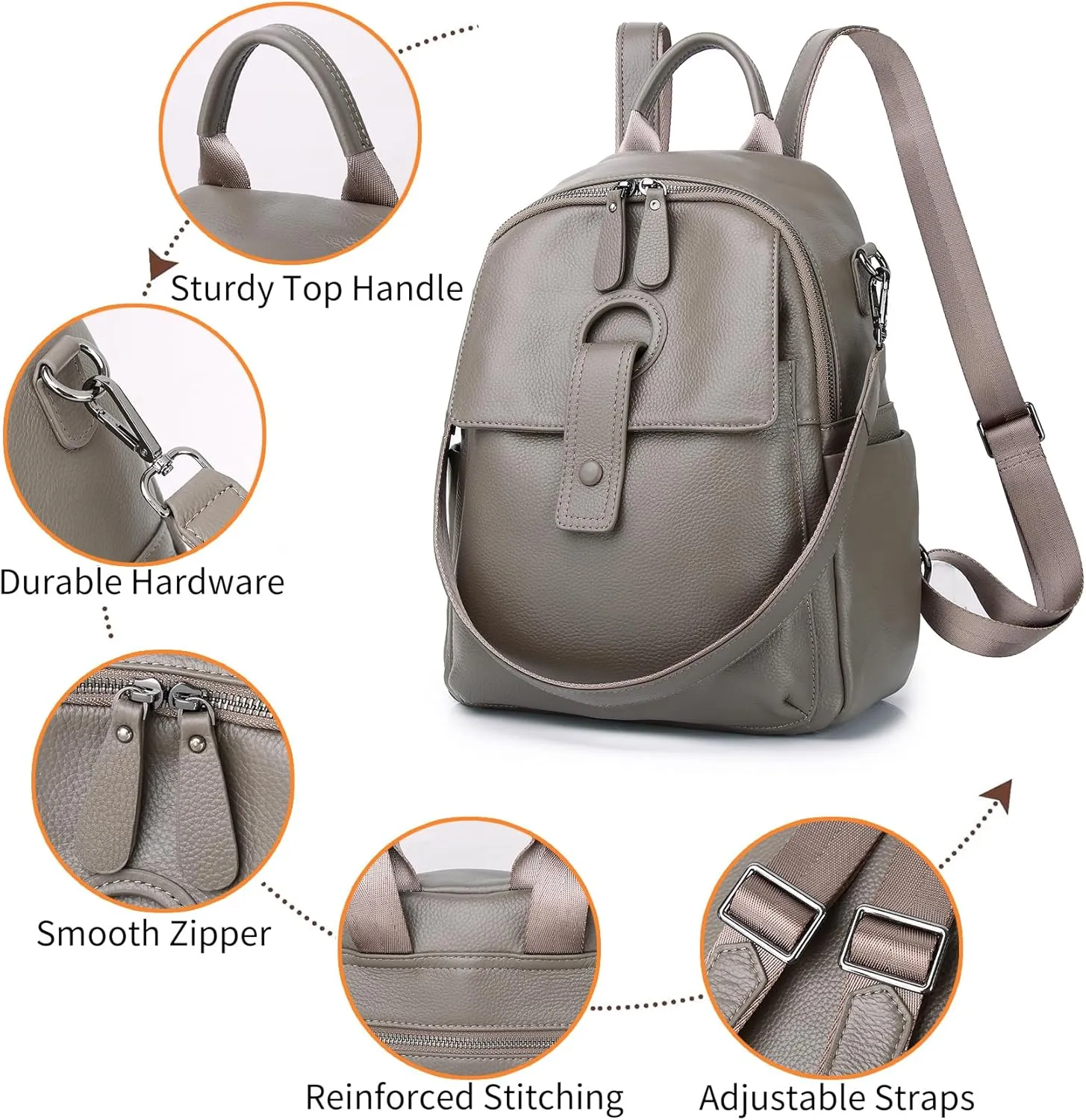 Genuine Leather Backpack Purse For Women Grey Real Soft Leather Travel Convertible Ladies Shoulder Bag