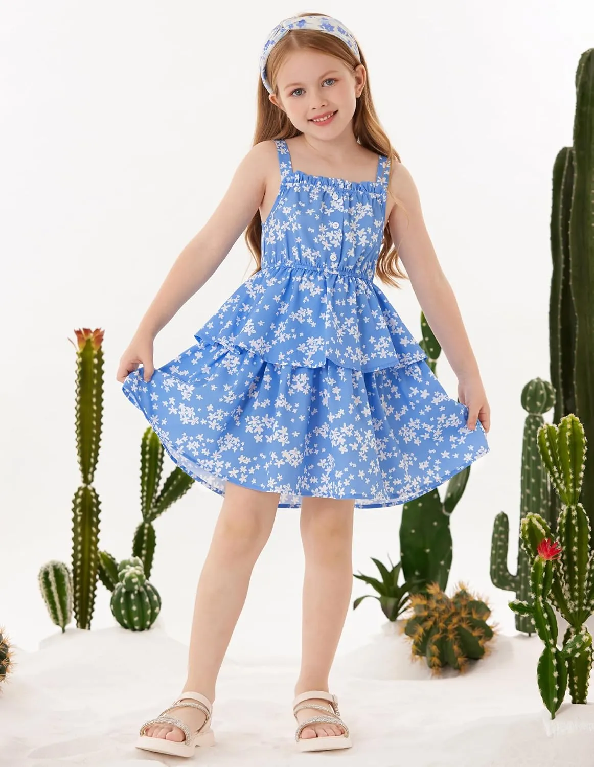 GRACE KARIN Girls Summer Floral Dress Sleeveless Double Layer Hem Sundress Holiday Casual Dress 6-12Y