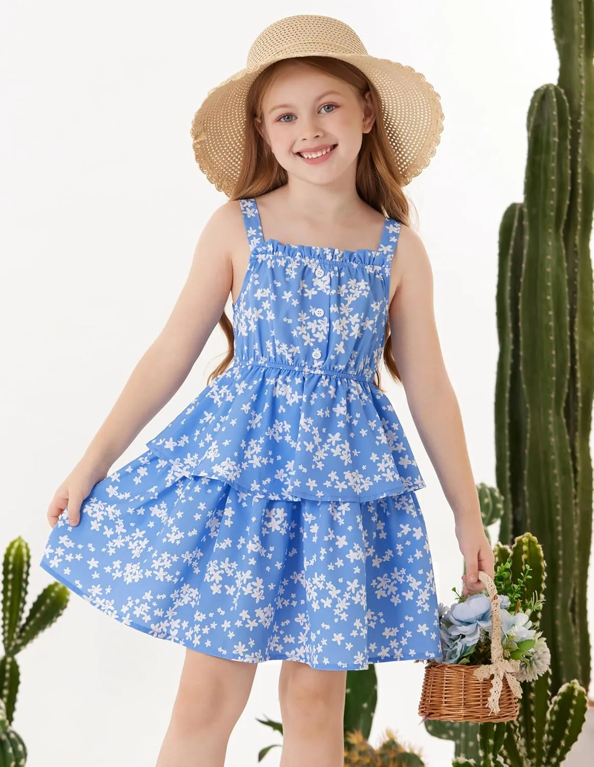 GRACE KARIN Girls Summer Floral Dress Sleeveless Double Layer Hem Sundress Holiday Casual Dress 6-12Y