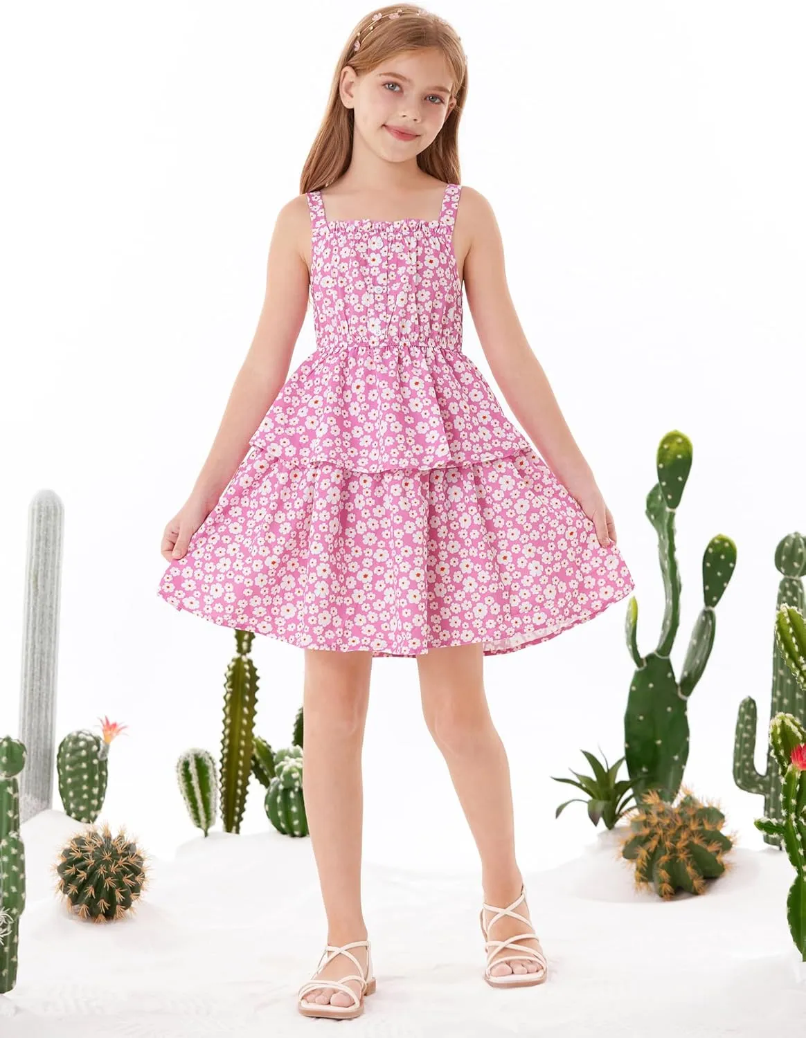 GRACE KARIN Girls Summer Floral Dress Sleeveless Double Layer Hem Sundress Holiday Casual Dress 6-12Y