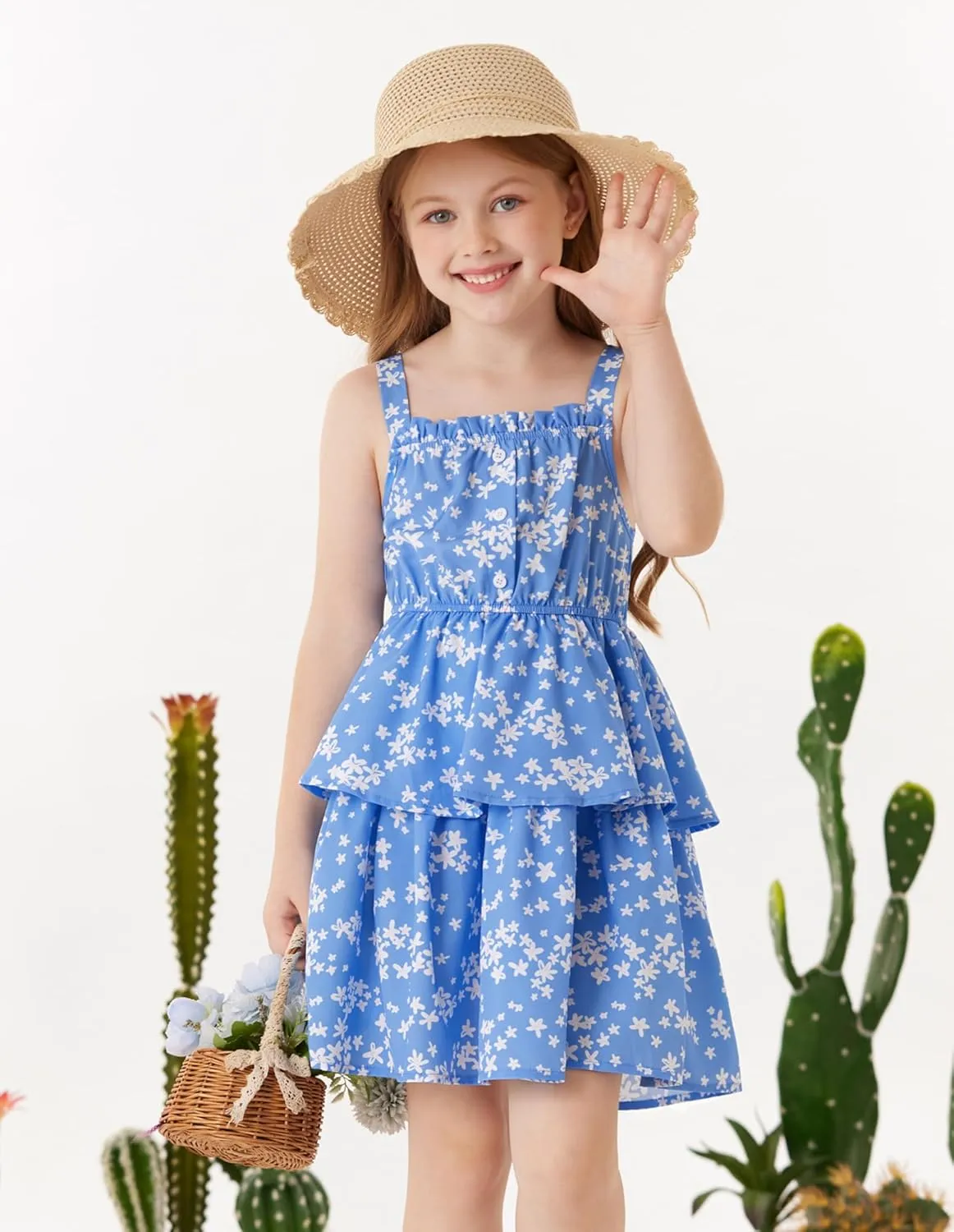 GRACE KARIN Girls Summer Floral Dress Sleeveless Double Layer Hem Sundress Holiday Casual Dress 6-12Y