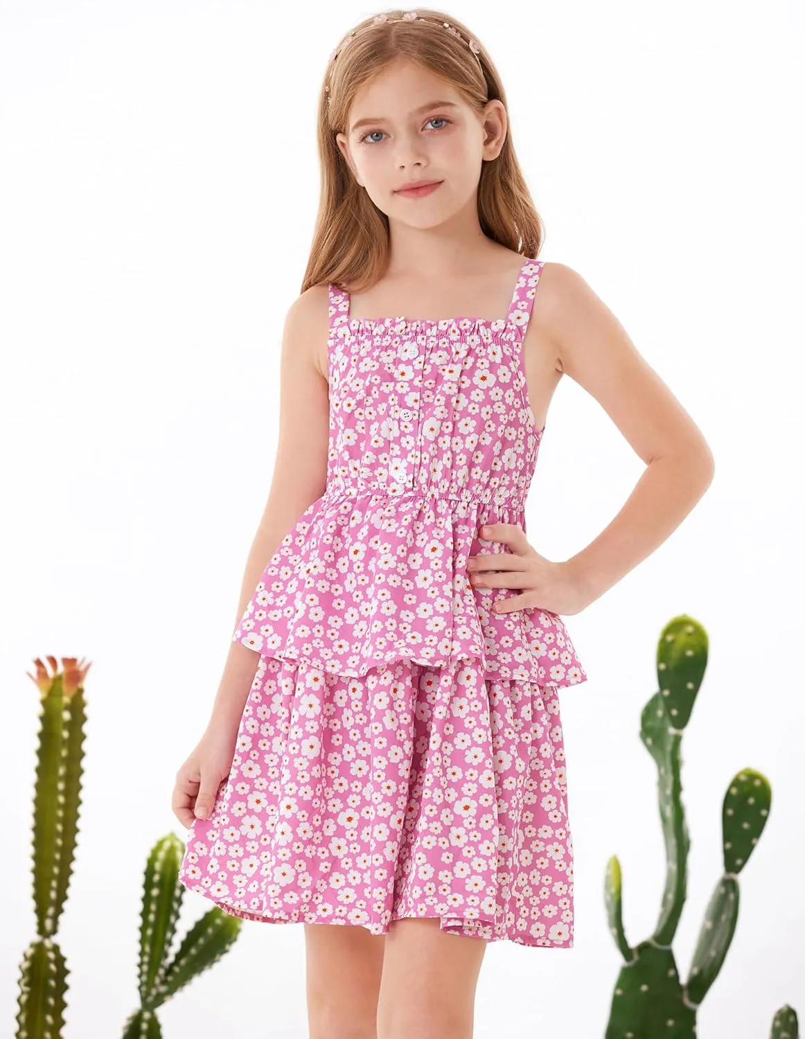 GRACE KARIN Girls Summer Floral Dress Sleeveless Double Layer Hem Sundress Holiday Casual Dress 6-12Y