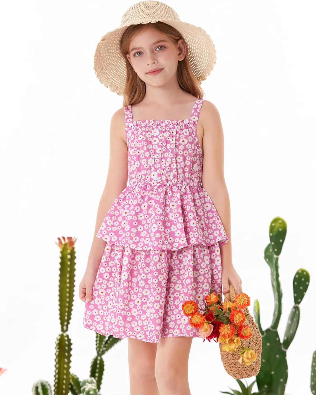 GRACE KARIN Girls Summer Floral Dress Sleeveless Double Layer Hem Sundress Holiday Casual Dress 6-12Y