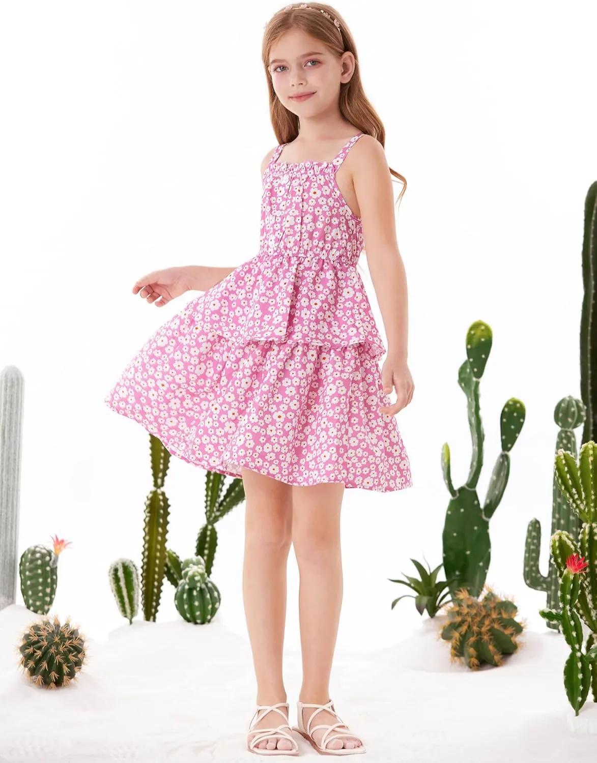 GRACE KARIN Girls Summer Floral Dress Sleeveless Double Layer Hem Sundress Holiday Casual Dress 6-12Y